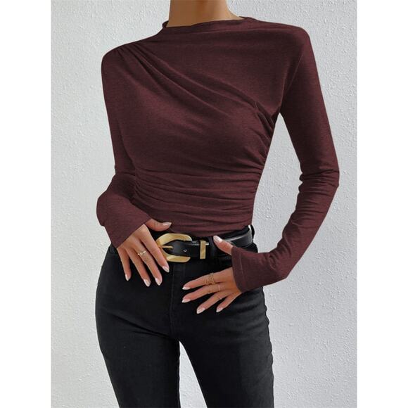 Commense Ruching Casual Stretch Long Sleeve Mock Neck Shirt Burgundy Large - Picture 1 of 4